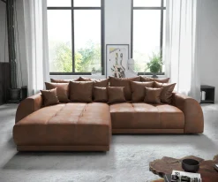 EckcouchVioletta 300 x 220 cm Lederimitat Braun Recamiere variabel Sofort versandfertig