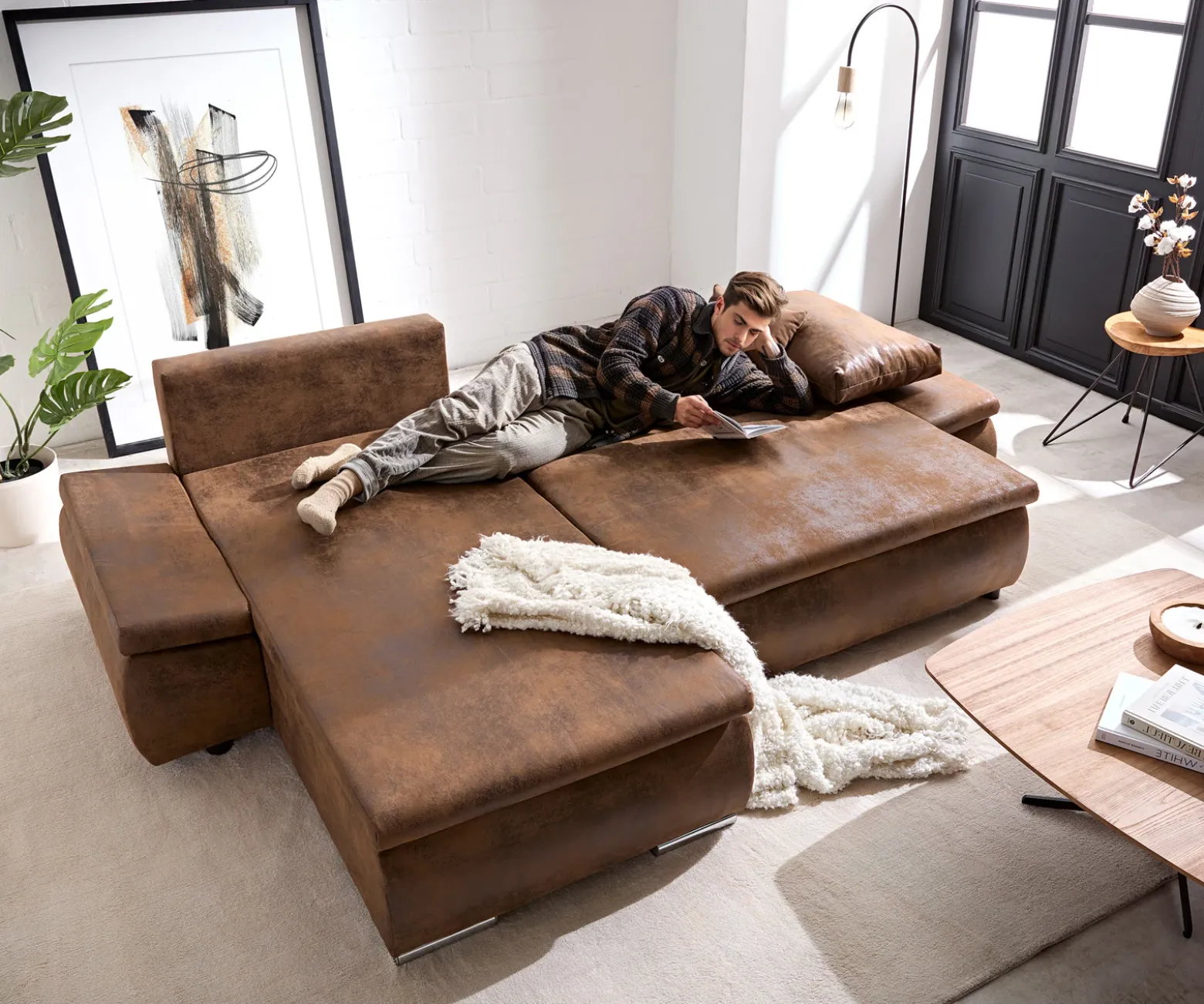 EcksofaAbilene 260x175 cm Braun Ottomane variabel mit Schlaffunktion Sofort versandfertig