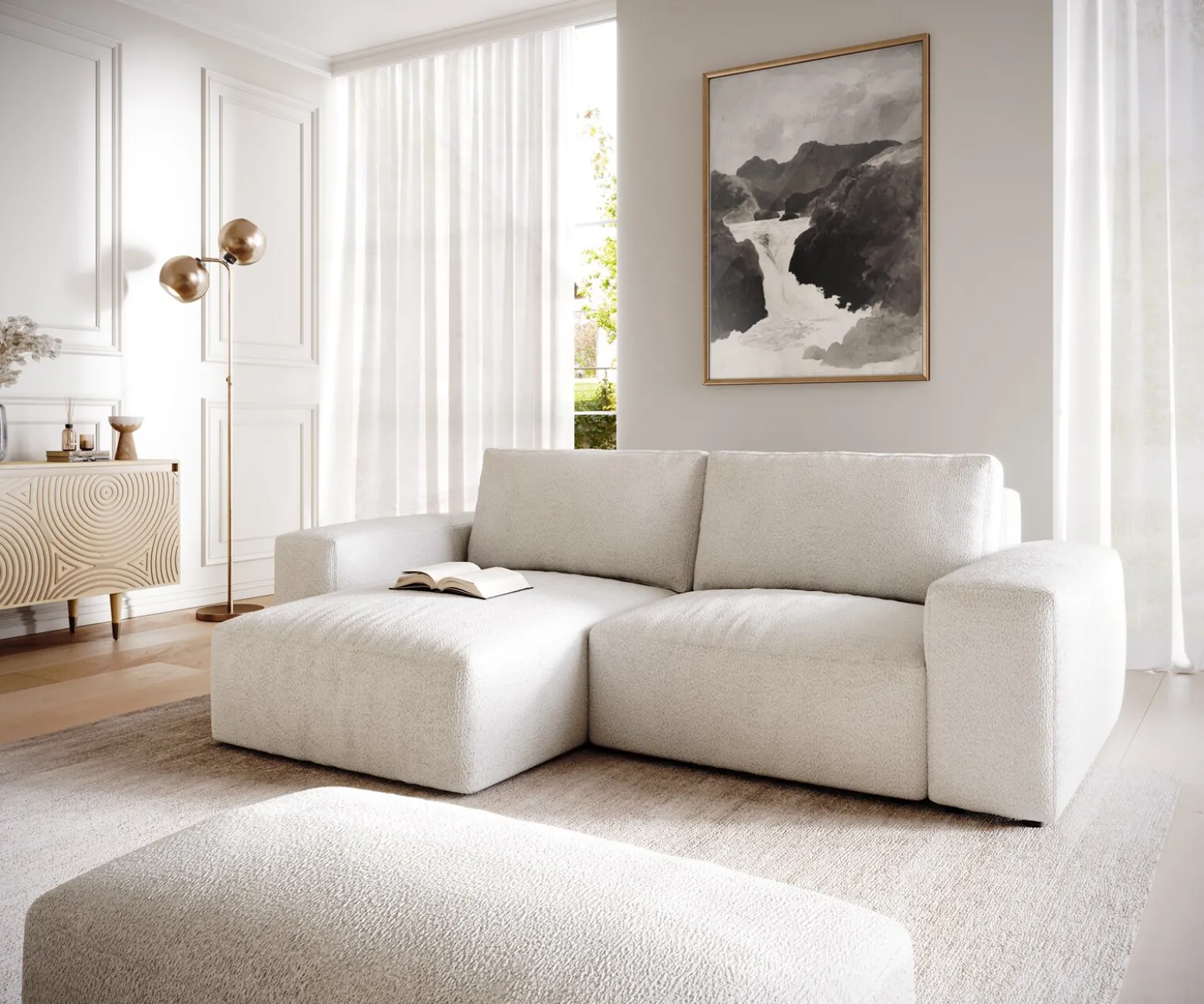 EcksofaLanzo 230x155 cm Bouclé Creme-Weiß Recamiere variabel mit Hocker Sofort versandfertig