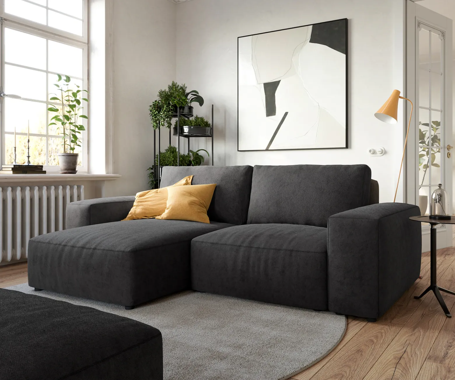 EcksofaLanzo 230x155 cm Mikrofaser Schwarz Recamiere variabel mit Hocker Sofort versandfertig