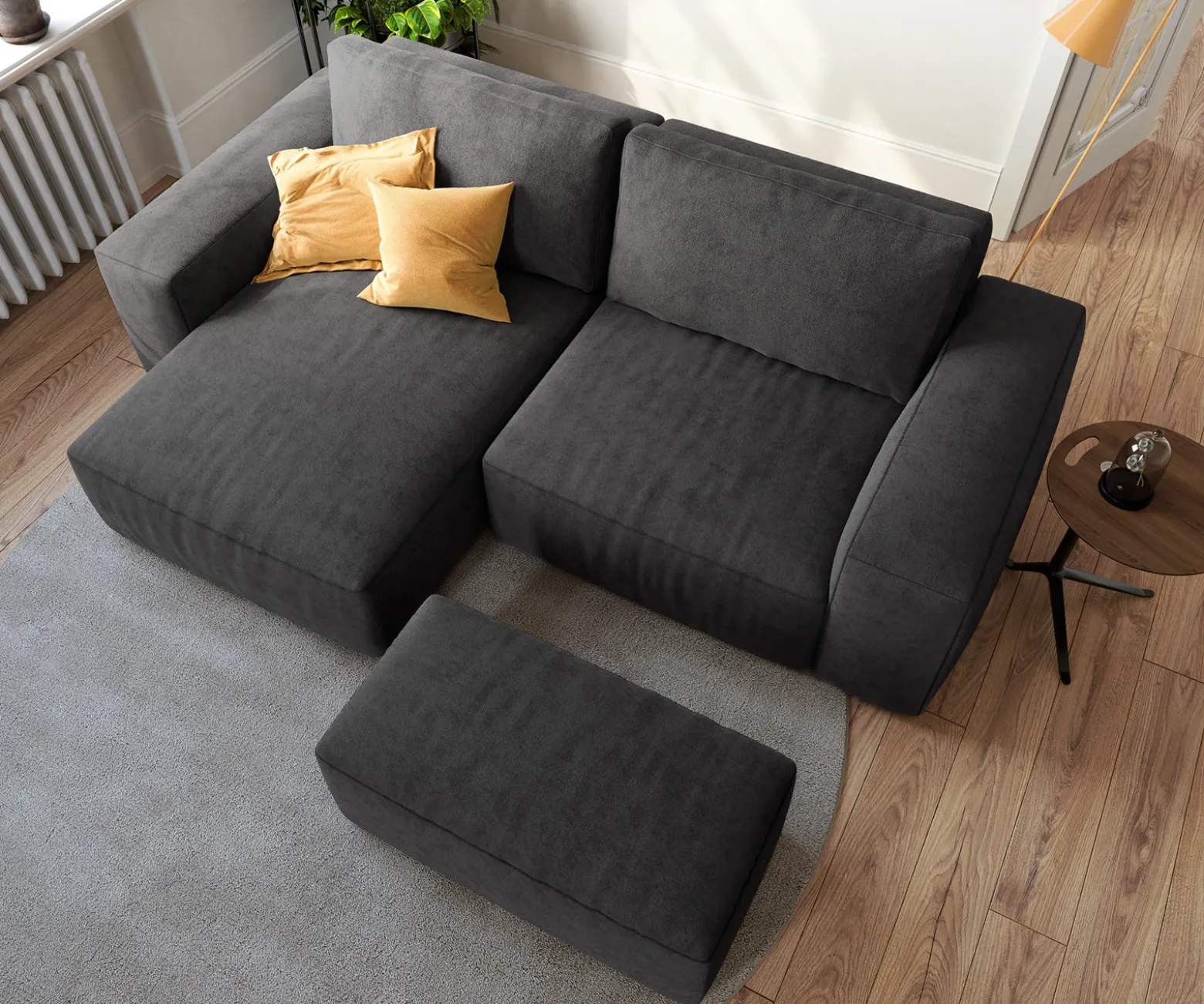 EcksofaLanzo 230x155 cm Mikrofaser Schwarz Recamiere variabel mit Hocker Sofort versandfertig