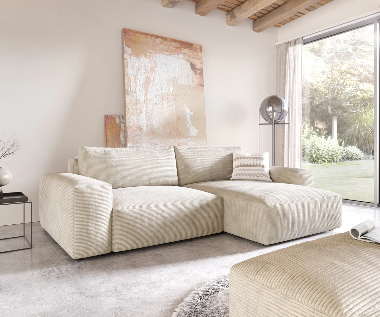 EcksofaLanzo XL 270x180 cm Cord Beige Recamiere variabel mit Hocker Sofort versandfertig
