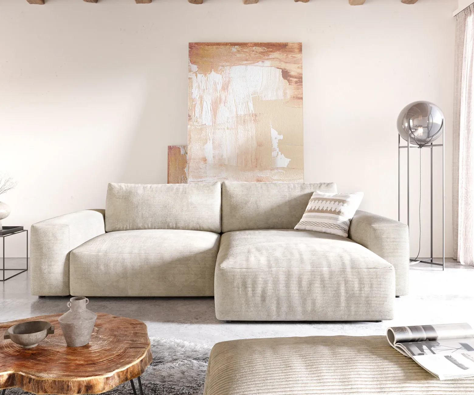 EcksofaLanzo XL 270x180 cm Cord Beige Recamiere variabel mit Hocker Sofort versandfertig