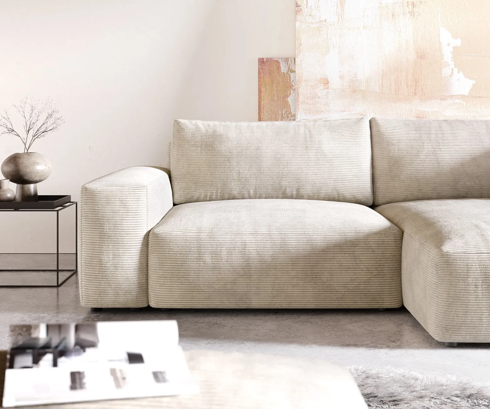 EcksofaLanzo XL 270x180 cm Cord Beige Recamiere variabel mit Hocker Sofort versandfertig