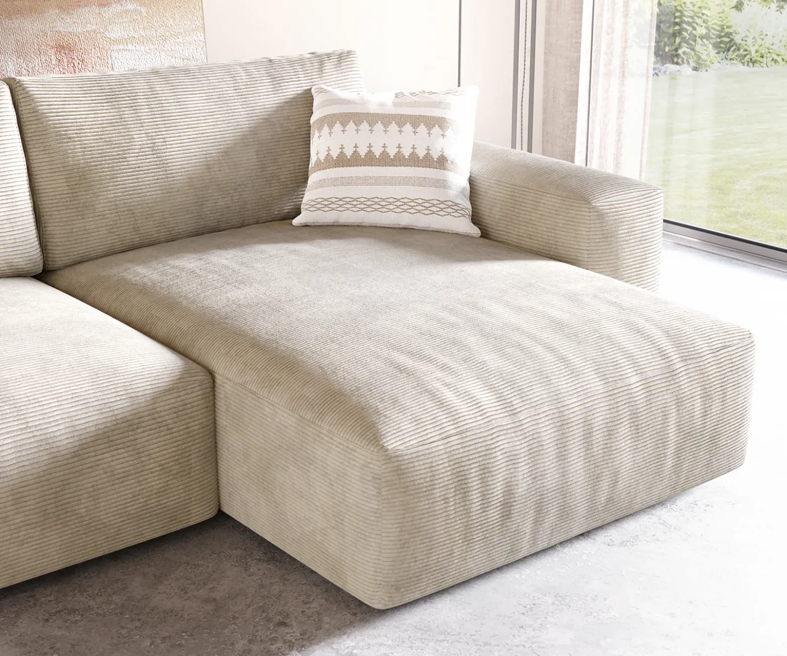 EcksofaLanzo XL 270x180 cm Cord Beige Recamiere variabel mit Hocker Sofort versandfertig