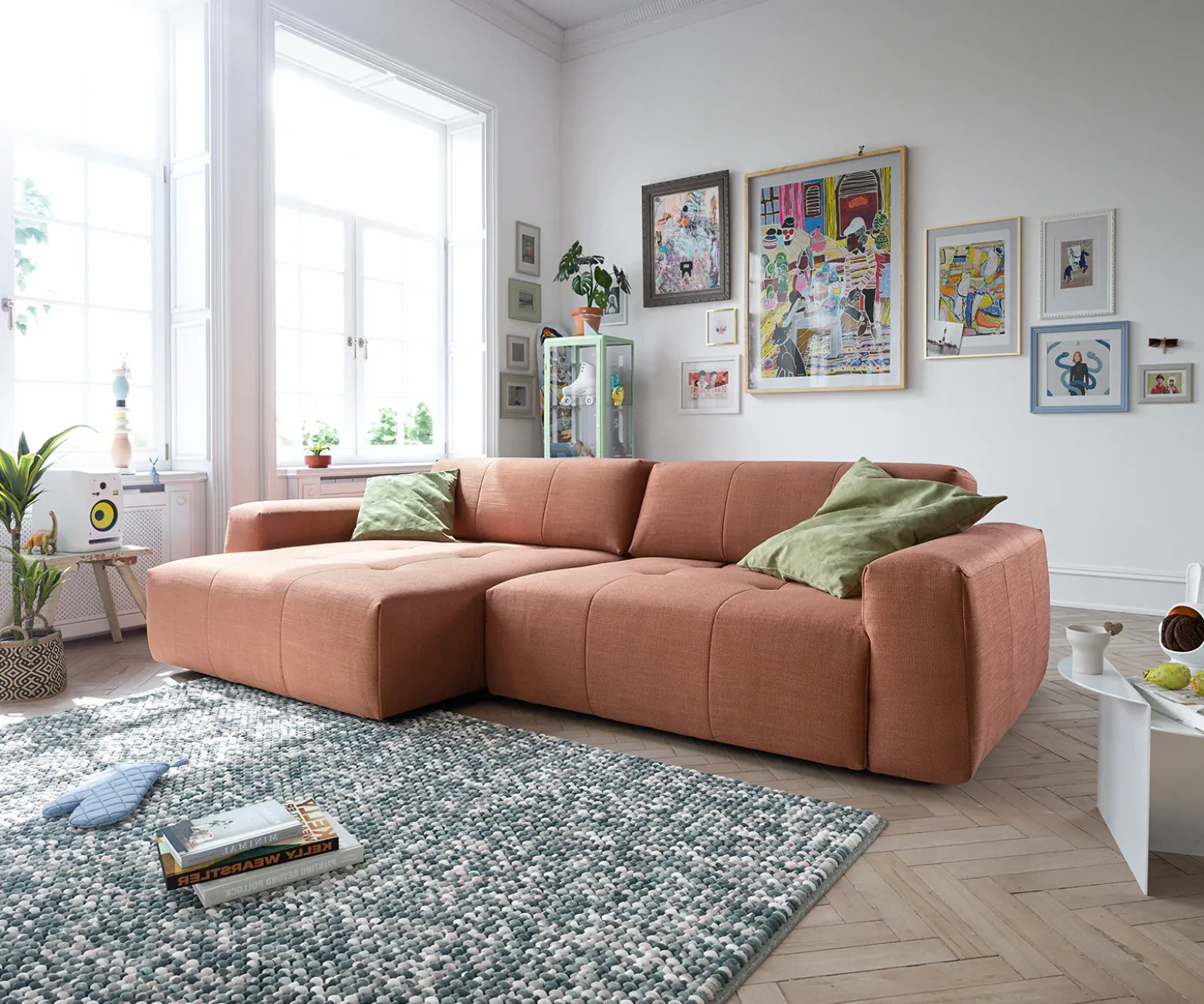 EcksofaLazaro 300x160 cm Flachgewebe Orange Ottomane links mit Sitztiefenverstellung Sofort versandfertig