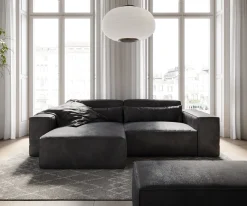 EcksofaSirpio 230x155 cm Lederimitat Vintage Anthrazit Recamiere variabel mit Hocker Sofort versandfertig