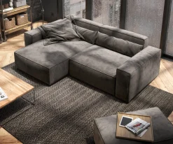 EcksofaSirpio 230x155 cm Mikrofaser Khakibraun Recamiere variabel mit Hocker Sofort versandfertig