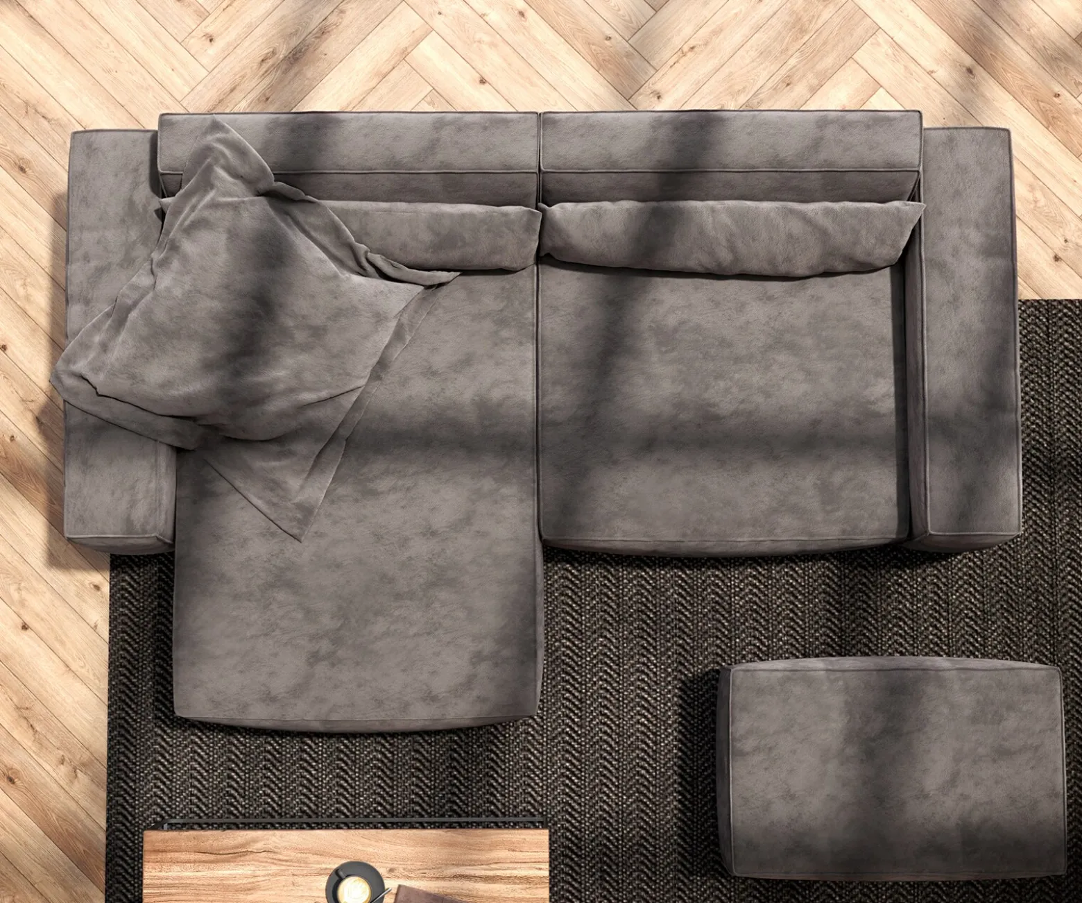 EcksofaSirpio 230x155 cm Mikrofaser Khakibraun Recamiere variabel mit Hocker Sofort versandfertig
