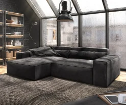 EcksofaSirpio XL 270x170 cm Mikrofaser Schwarz Recamiere variabel mit Hocker Sofort versandfertig
