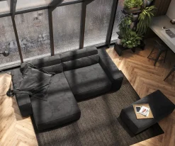 EcksofaSirpio XL 270x170 cm Mikrofaser Schwarz Recamiere variabel mit Hocker Sofort versandfertig