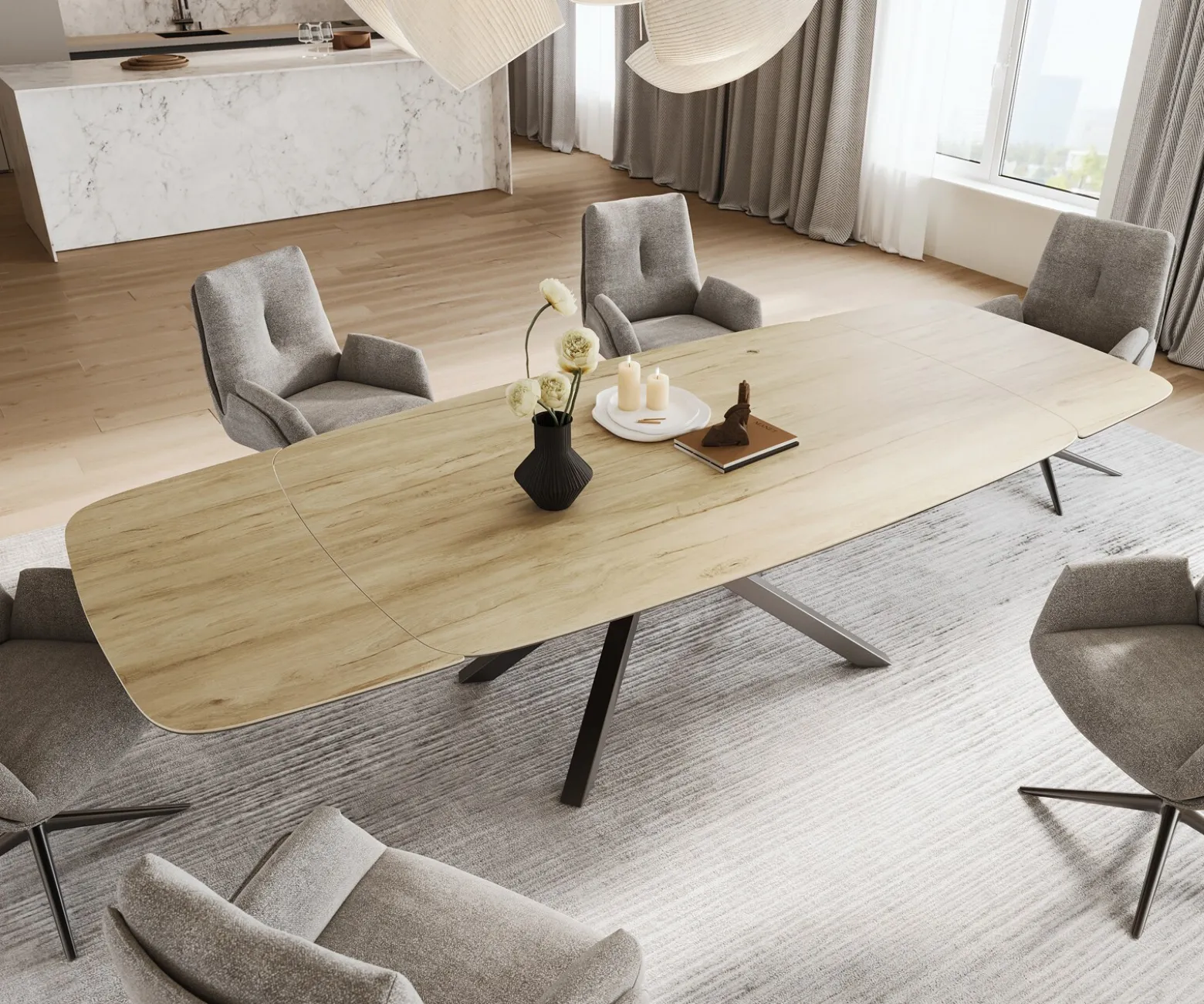 EsstischEdge Boot 200-300x120 cm Keramik Laminam® Sabbia Eichefarbig Kreuzgestell Rechteck Edelstahl Graphit ausziehbar Sofort versandfertig
