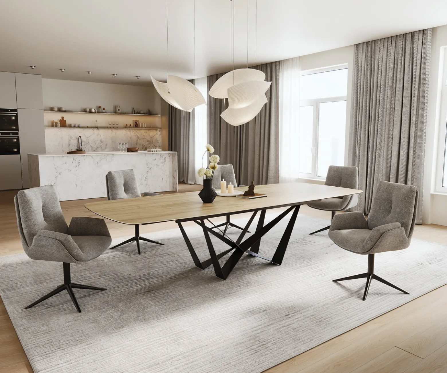 EsstischEdge Boot 240-300x120 cm Keramik Laminam® Sabbia Eichefarbig Spider Flachstahl Schwarz ausziehbar Sofort versandfertig