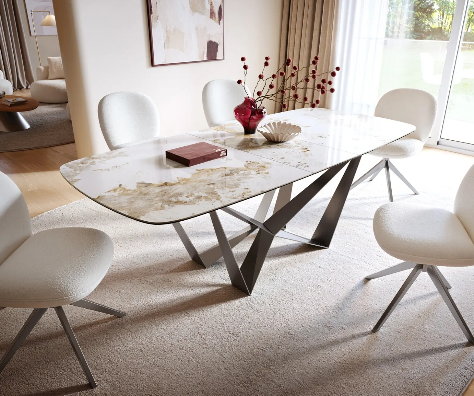 EsstischEdge Boot 180-220x100 cm Keramik Minas Melange Weiß-Beige Spider Flachstahl Edelstahl Graphit ausziehbar Sofort versandfertig