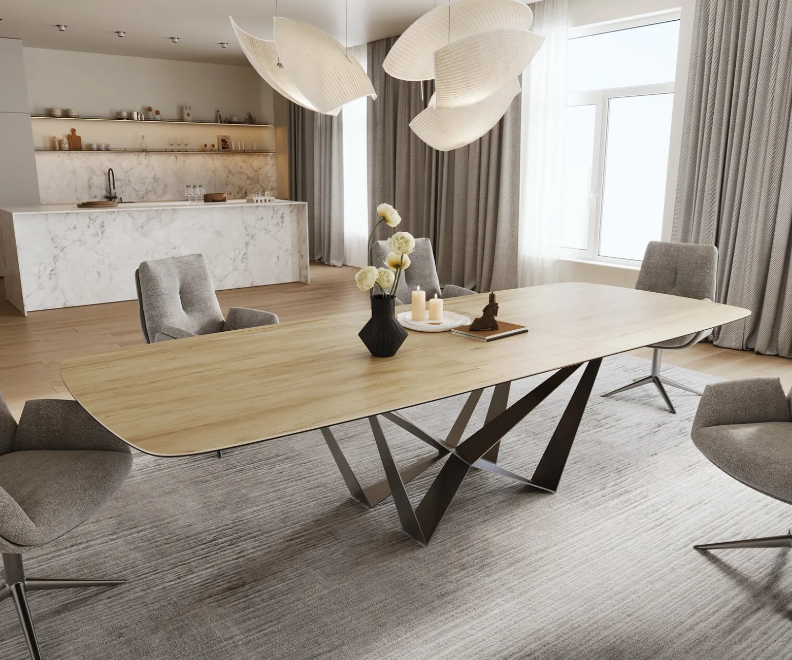 EsstischEdge Boot 240-300x120 cm Keramik Laminam® Sabbia Eichefarbig Spider Flachstahl Edelstahl ausziehbar Sofort versandfertig
