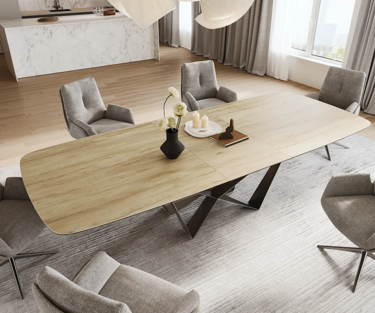 EsstischEdge Boot 240-300x120 cm Keramik Laminam® Sabbia Eichefarbig Spider Flachstahl Edelstahl ausziehbar Sofort versandfertig