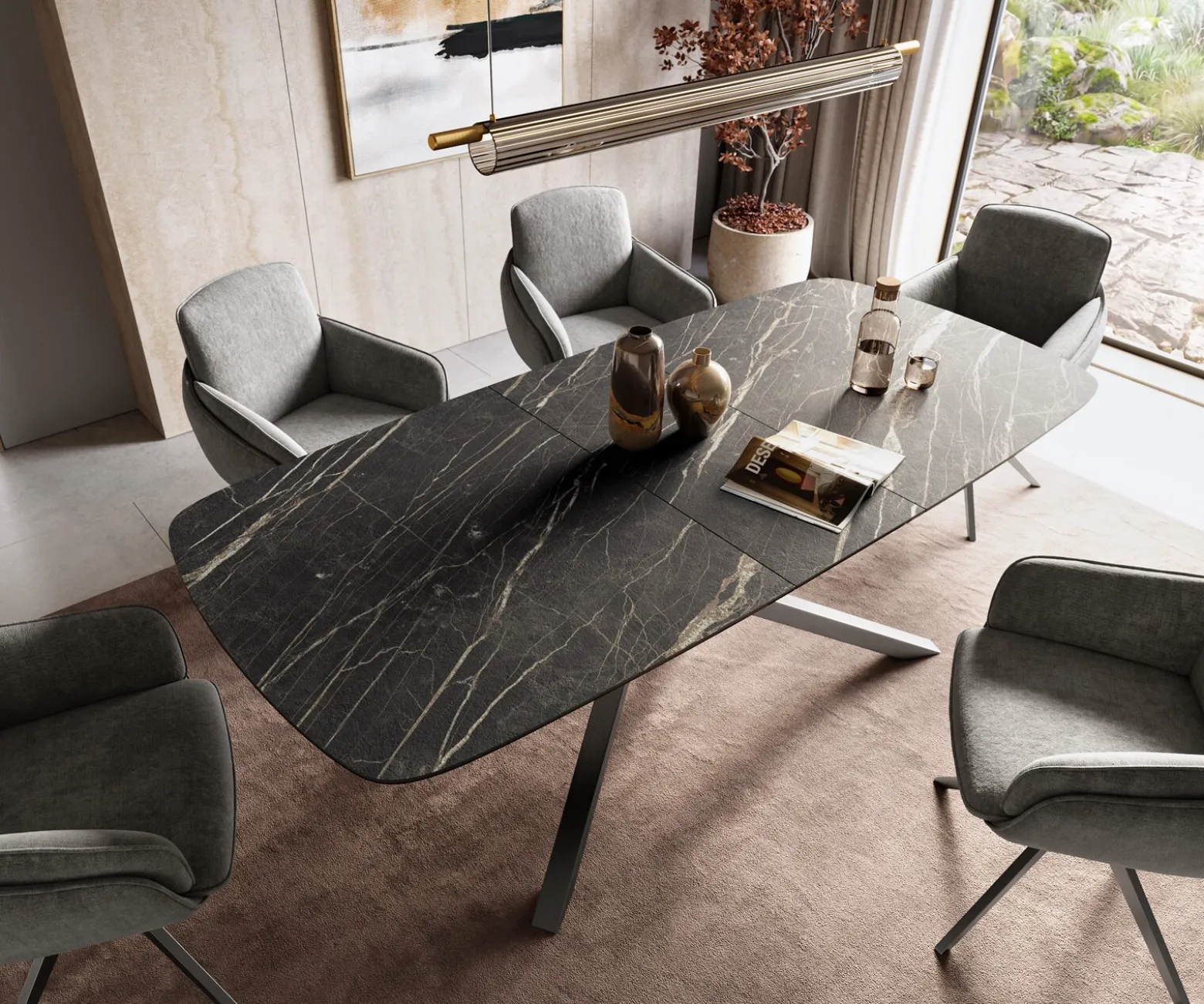 EsstischEdge Boot 180-220x100 cm Laminam® Keramik Noir Desir Braun Kreuzgestell Rechteck Edelstahl Graphit ausziehbar Sofort versandfertig