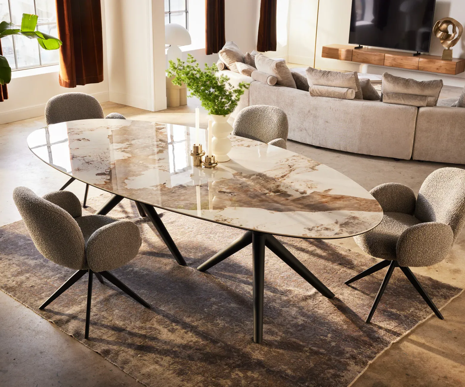 EsstischEdge Oval 280x130 Keramik Minas Melange Weiß-Beige Estelar rund Metall Schwarz Sofort versandfertig