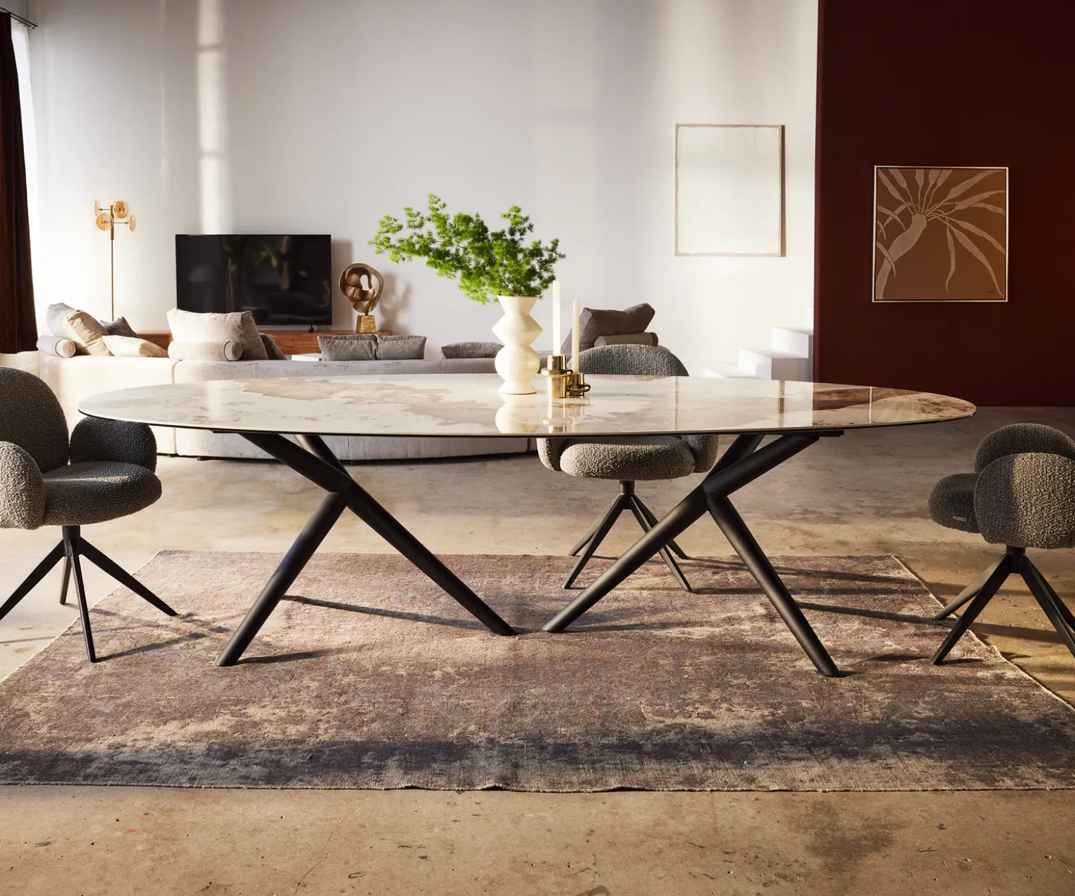 EsstischEdge Oval 280x130 Keramik Minas Melange Weiß-Beige Estelar rund Metall Schwarz Sofort versandfertig