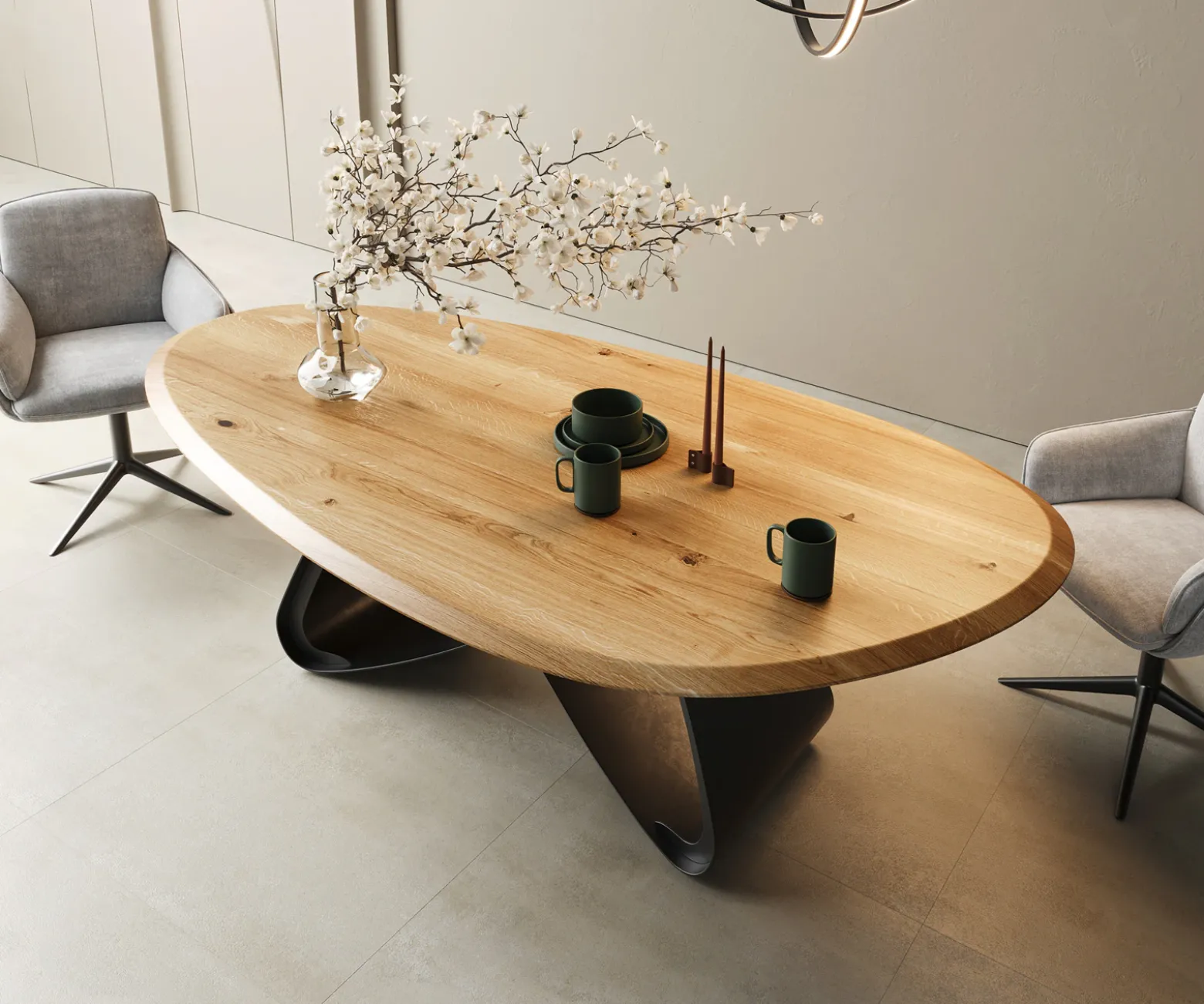 EsstischEdge Oval 220x120x2,5 Eiche Natur W-Gestell Metall Schwarz Flow- Sofort versandfertig