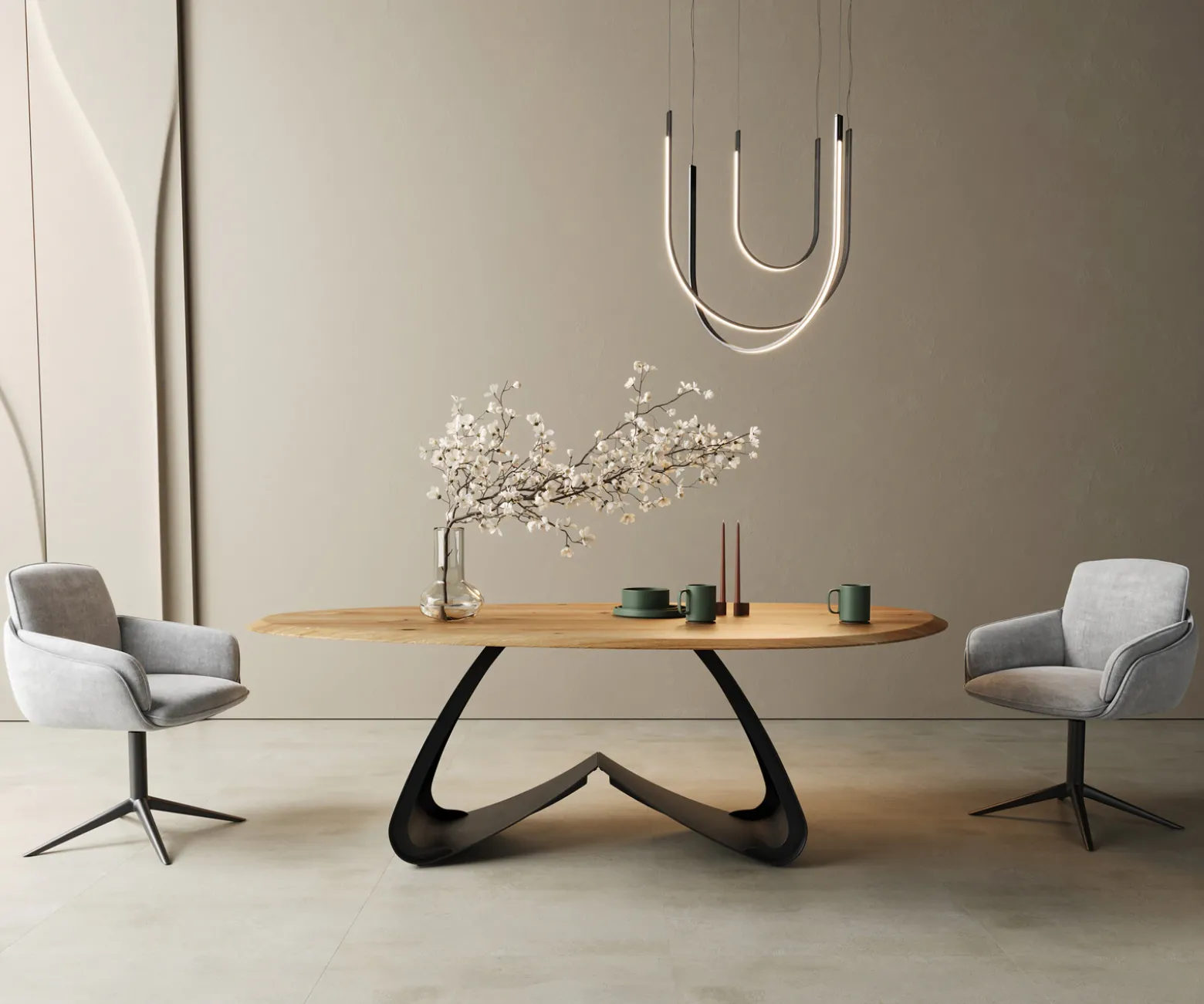 EsstischEdge Oval 220x120x2,5 Eiche Natur W-Gestell Metall Schwarz Flow- Sofort versandfertig