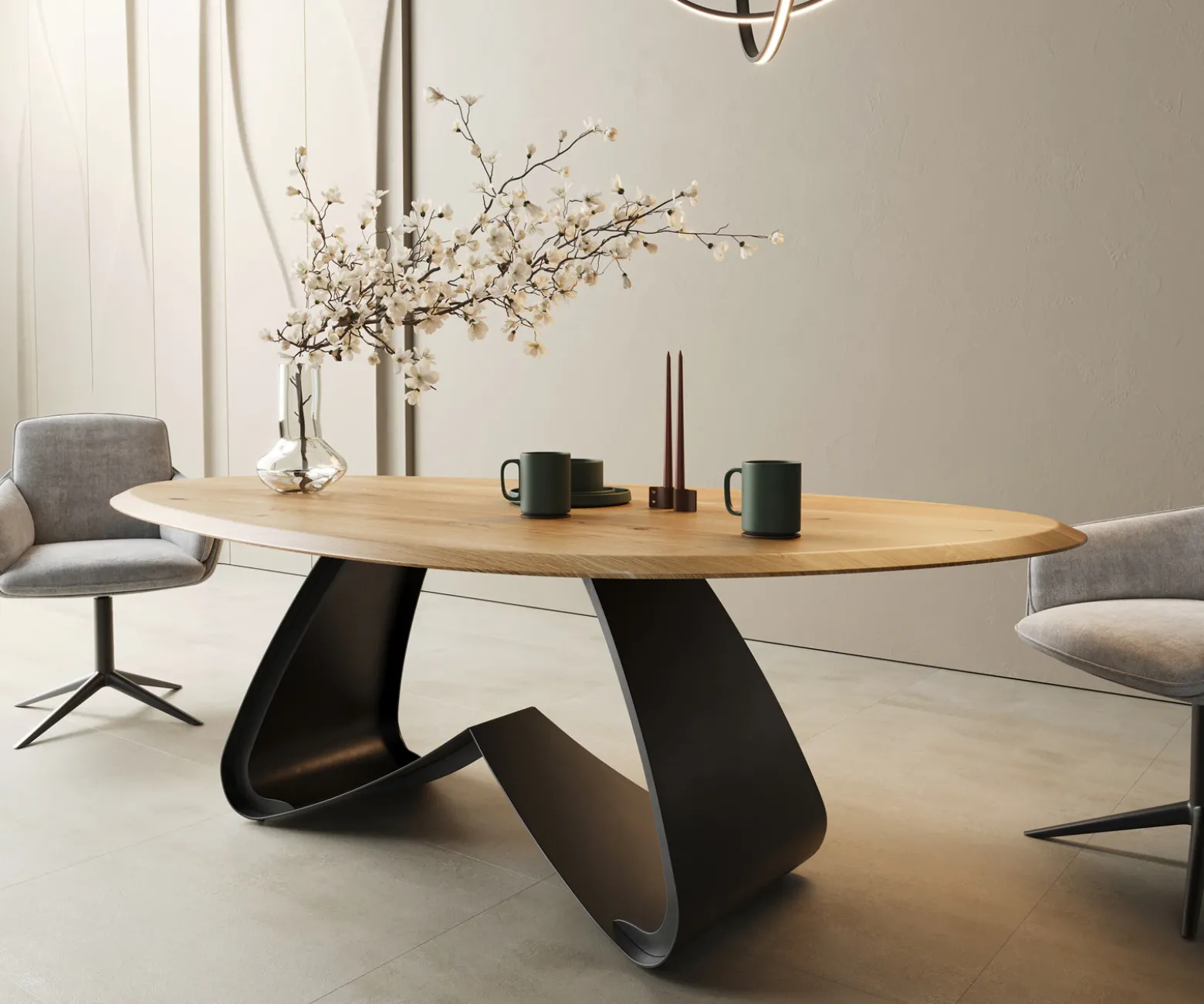 EsstischEdge Oval 220x120x2,5 Eiche Natur W-Gestell Metall Schwarz Flow- Sofort versandfertig