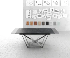 EsstischEdge 180-220x100cm Keramik Laminam®Nero Greco Anthrazit Mittelfuß Flachstahl Silber ausziehbar Sofort versandfertig