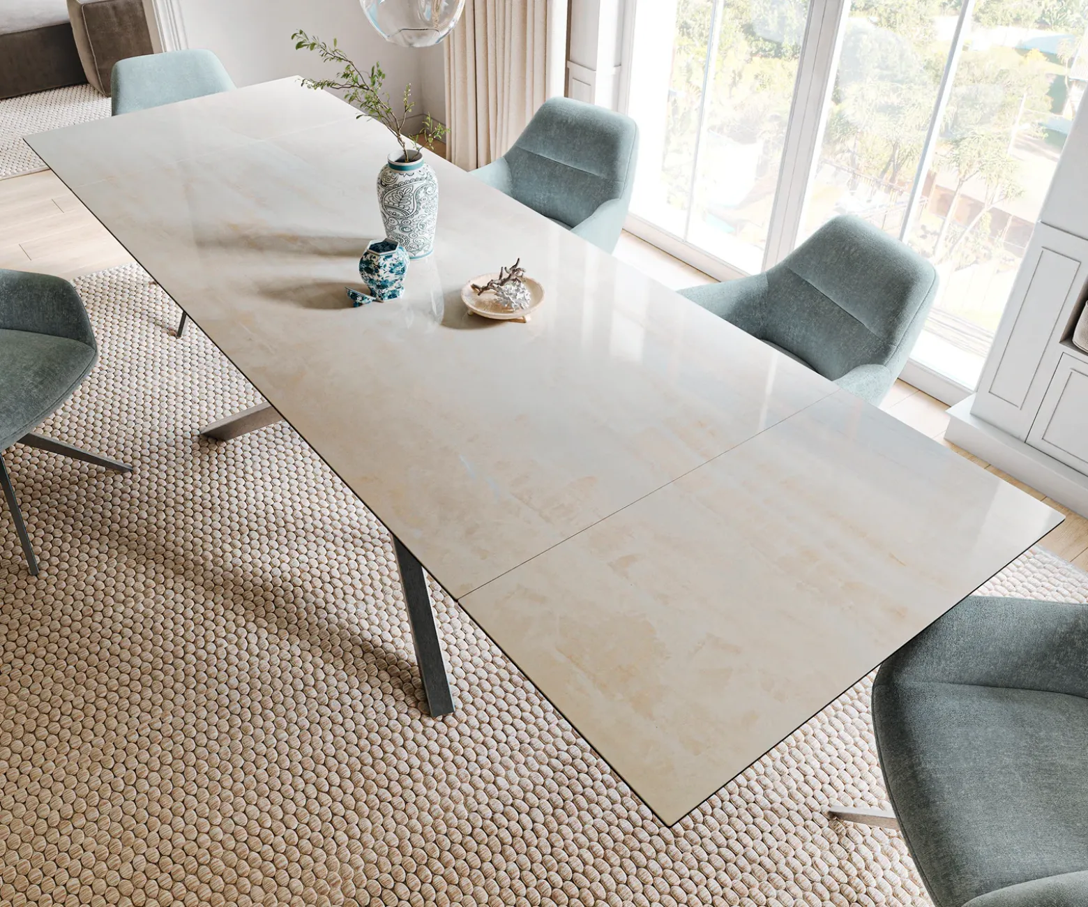 EsstischEdge 200-300x100 cm Keramik Onyx Champagne Kreuzgestell Rechteck Edelstahl Graphit ausziehbar Versandfertig ca. 25.09.26