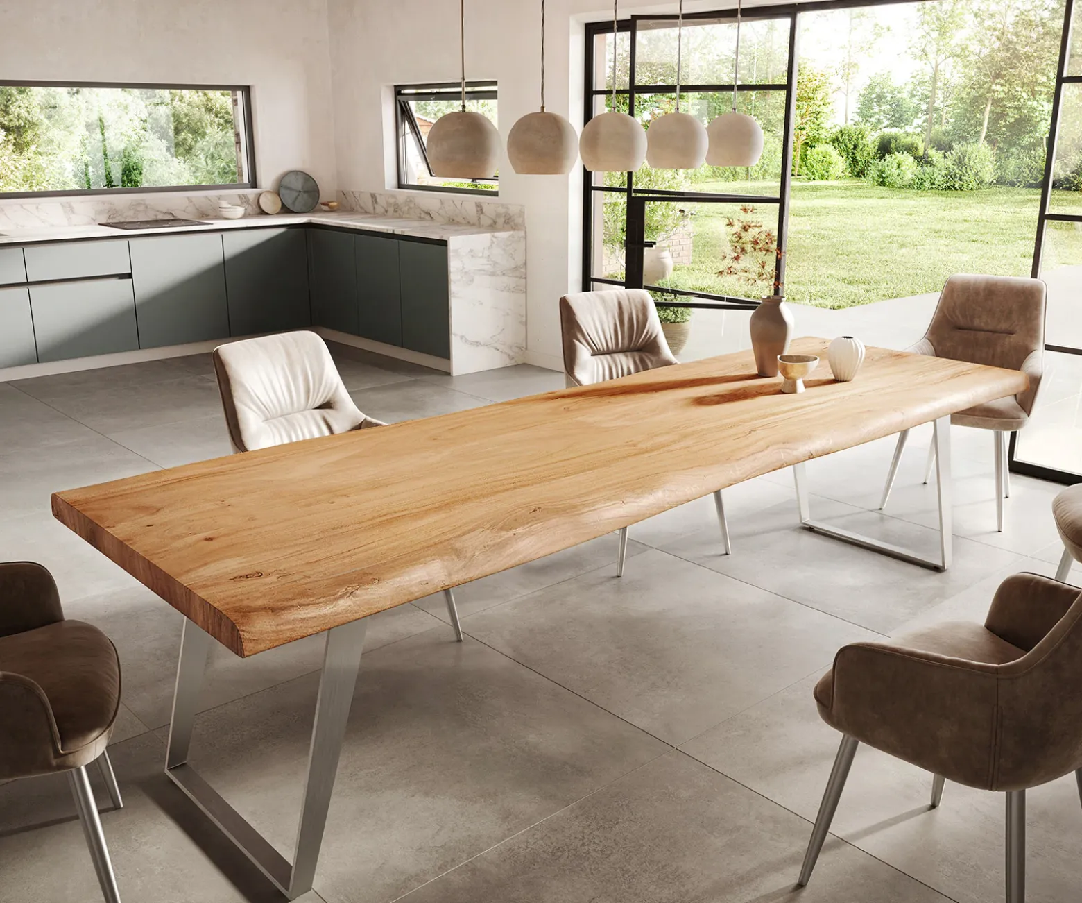 EsstischEdge 300x100cm XL Akazie Natur Edelstahl Silber schräg Live- Sofort versandfertig