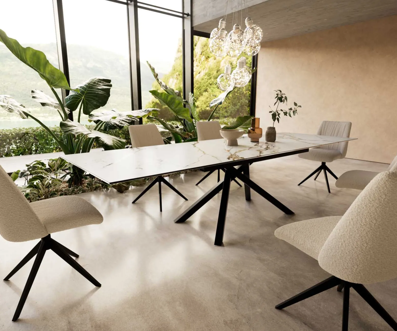 EsstischEdge 200-300x100 Keramik Calacatta Luxe Weiß-Gold-Grau Kreuzgestell Rechteck Schwarz ausziehbar Sofort versandfertig