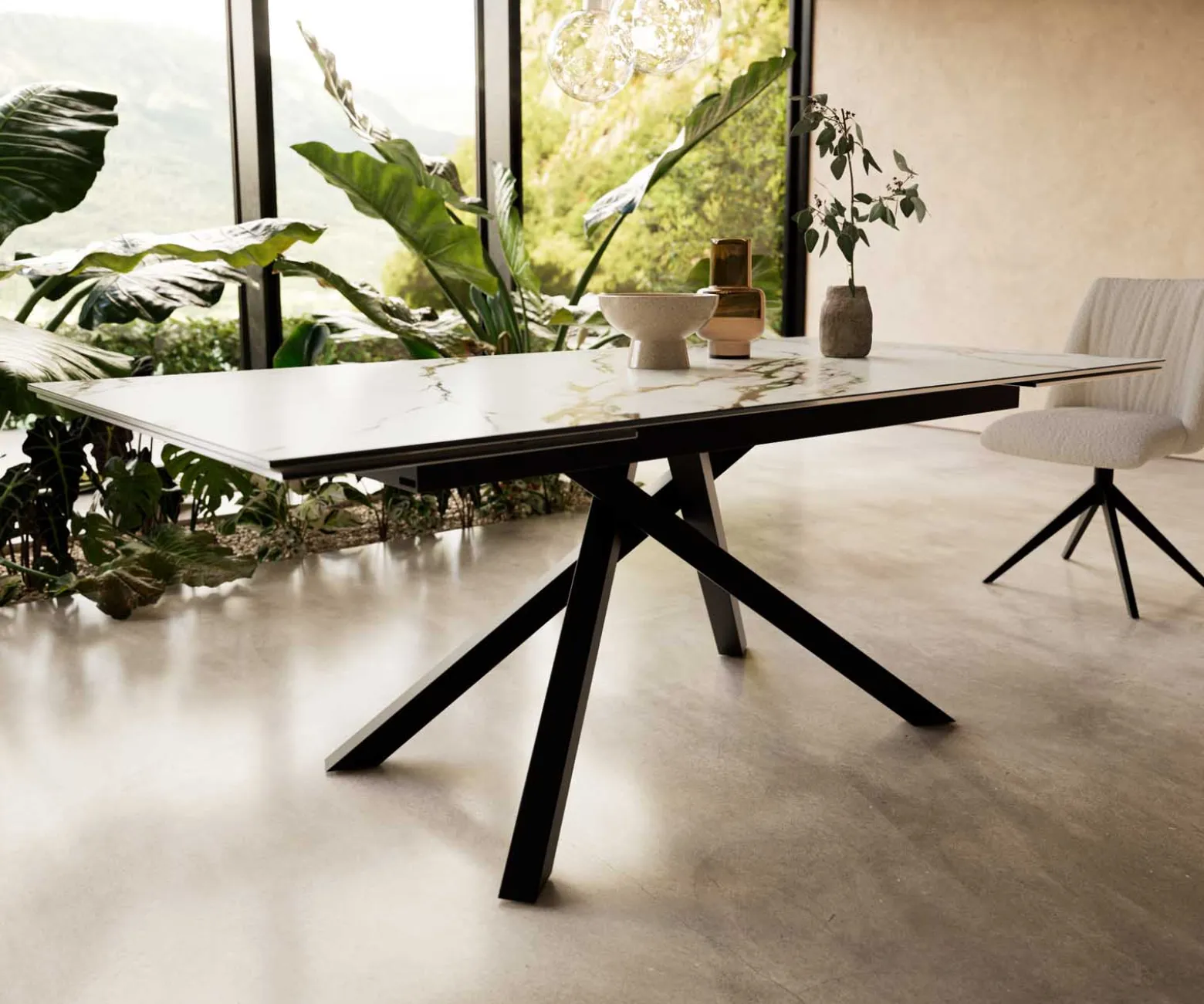 EsstischEdge 200-300x100 Keramik Calacatta Luxe Weiß-Gold-Grau Kreuzgestell Rechteck Schwarz ausziehbar Sofort versandfertig