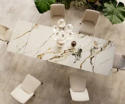 EsstischEdge 200-300x100 Keramik Calacatta Luxe Weiß-Gold-Grau W-Gestell Schwarz ausziehbar Sofort versandfertig
