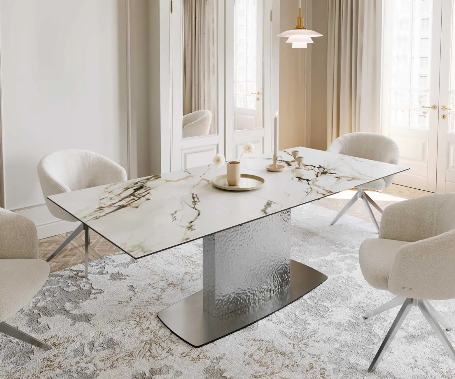 EsstischEdge 180-220x100 Keramik Calacatta Luxe Weiß-Gold-Grau Wave Edelstahl ausziehbar Sofort versandfertig