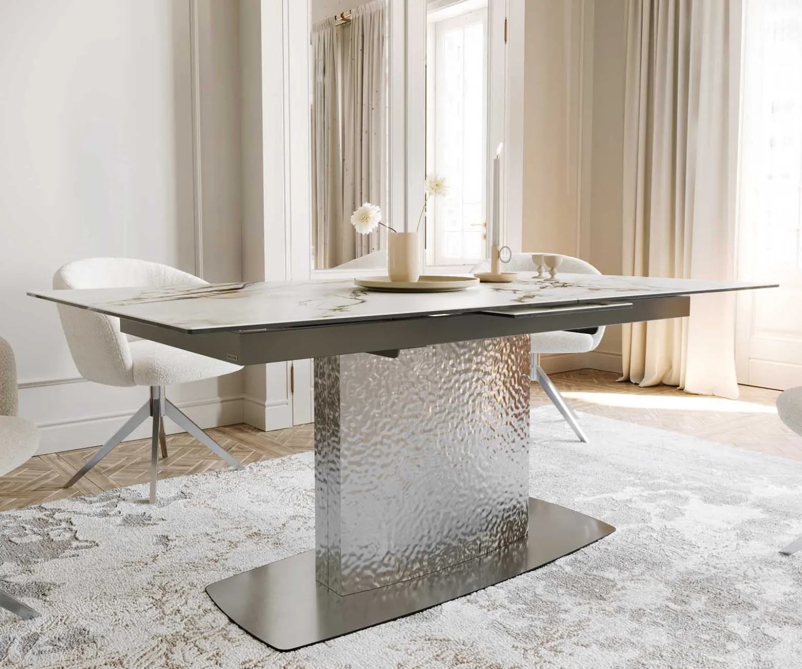EsstischEdge 180-220x100 Keramik Calacatta Luxe Weiß-Gold-Grau Wave Edelstahl ausziehbar Sofort versandfertig
