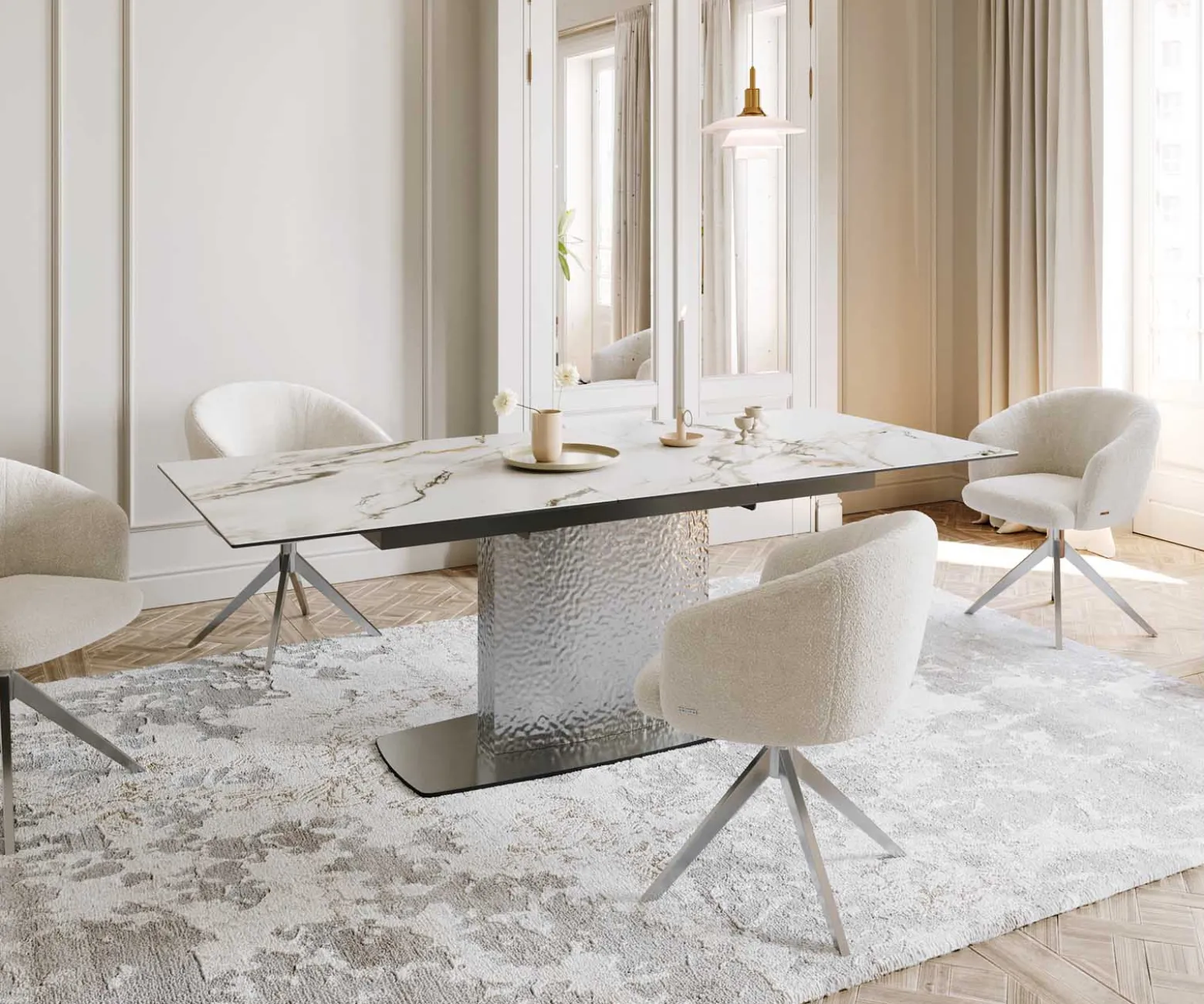 EsstischEdge 180-220x100 Keramik Calacatta Luxe Weiß-Gold-Grau Wave Edelstahl ausziehbar Sofort versandfertig