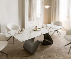 EsstischEdge 180-220x100 Keramik Calacatta Luxe Weiß-Gold-Grau W-Gestell Effektfinish Titan Ausziehbar Sofort versandfertig