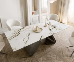 EsstischEdge 180-220x100 Keramik Calacatta Luxe Weiß-Gold-Grau W-Gestell Effektfinish Titan Ausziehbar Sofort versandfertig