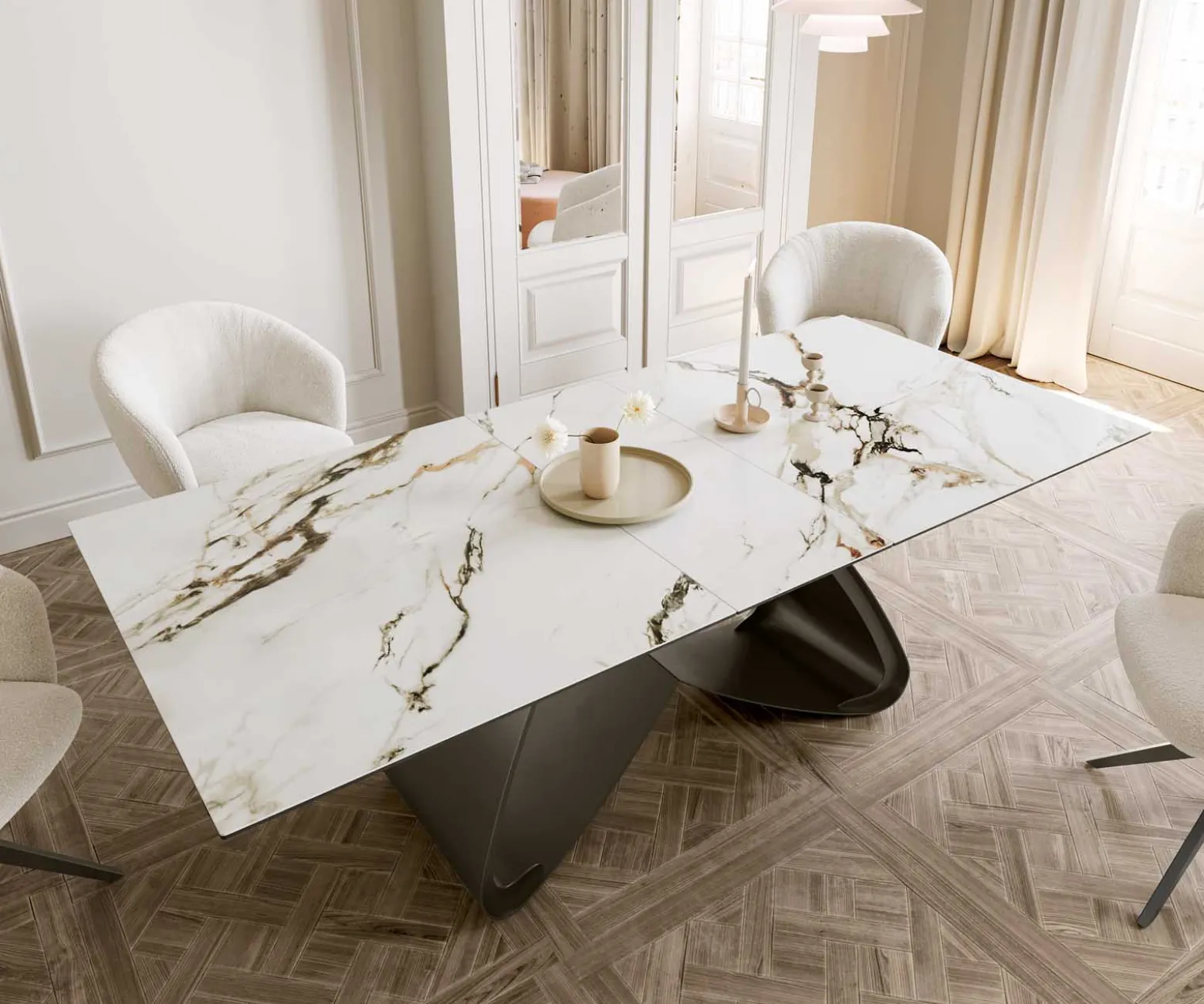 EsstischEdge 180-220x100 Keramik Calacatta Luxe Weiß-Gold-Grau W-Gestell Effektfinish Titan Ausziehbar Sofort versandfertig