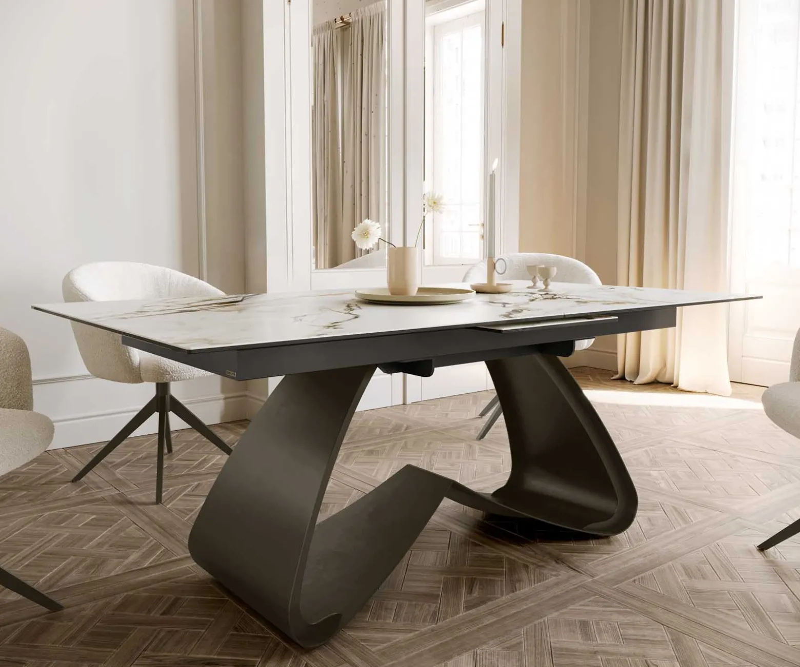 EsstischEdge 180-220x100 Keramik Calacatta Luxe Weiß-Gold-Grau W-Gestell Effektfinish Titan Ausziehbar Sofort versandfertig