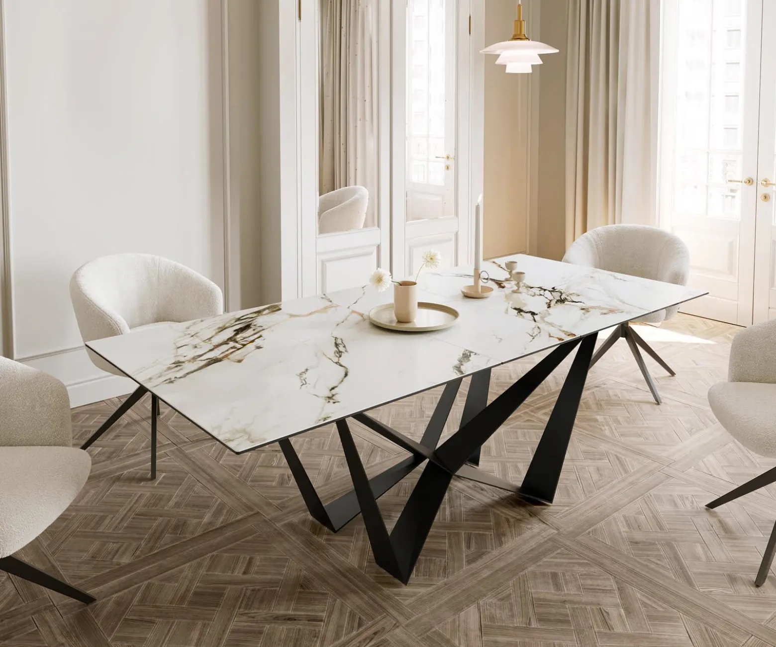EsstischEdge 180-220x100 Keramik Calacatta Luxe Weiß-Gold-Grau Spider Flachstahl Schwarz ausziehbar Sofort versandfertig