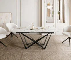 EsstischEdge 180-220x100 Keramik Calacatta Luxe Weiß-Gold-Grau Spider Flachstahl Schwarz ausziehbar Sofort versandfertig
