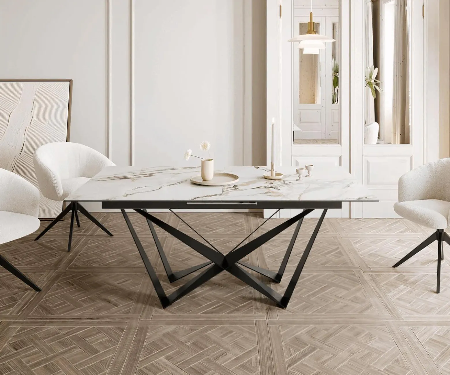 EsstischEdge 180-220x100 Keramik Calacatta Luxe Weiß-Gold-Grau Spider Flachstahl Schwarz ausziehbar Sofort versandfertig