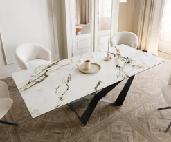 EsstischEdge 180-220x100 Keramik Calacatta Luxe Weiß-Gold-Grau Spider Flachstahl Schwarz ausziehbar Sofort versandfertig
