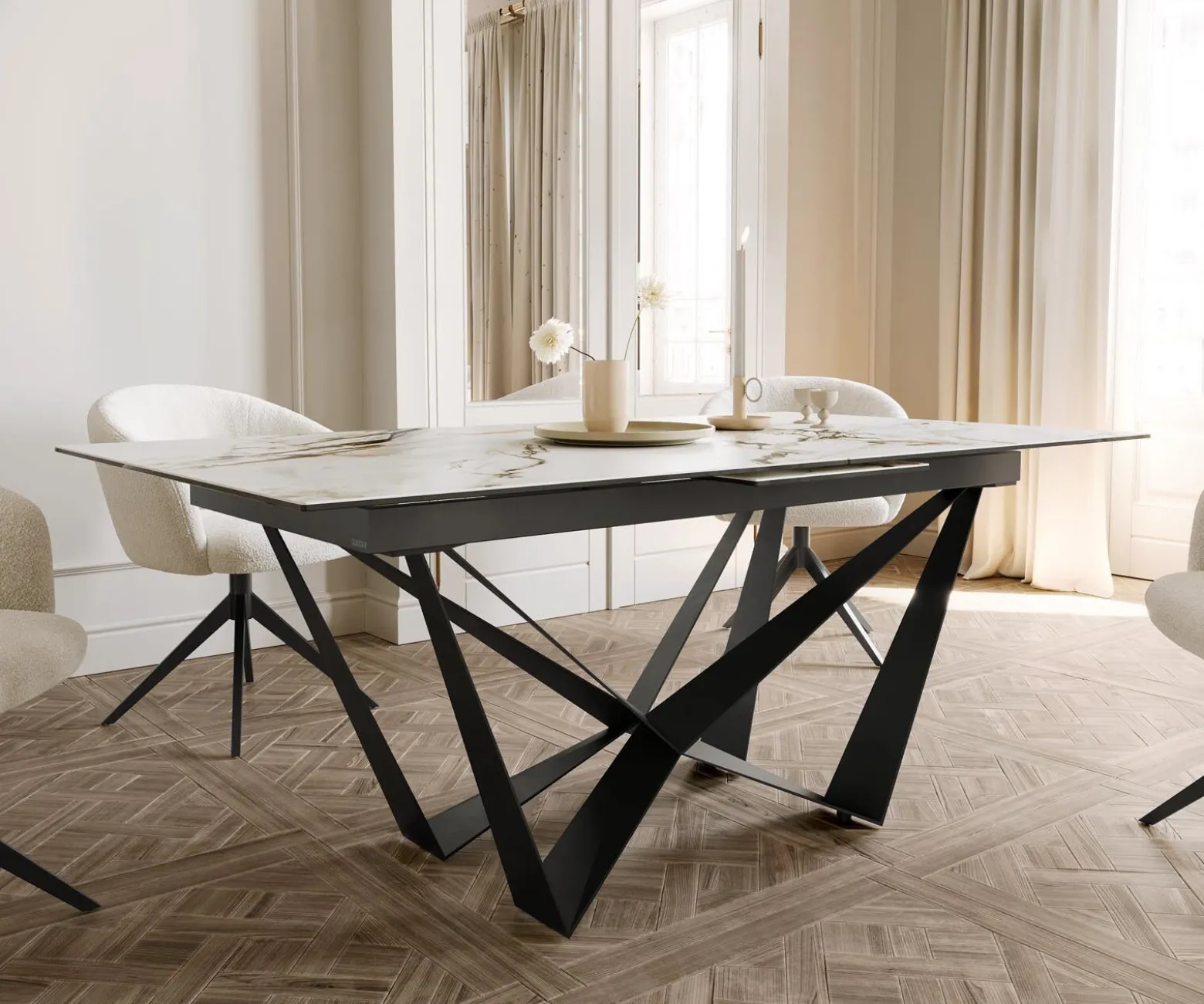 EsstischEdge 180-220x100 Keramik Calacatta Luxe Weiß-Gold-Grau Spider Flachstahl Schwarz ausziehbar Sofort versandfertig