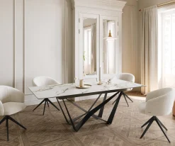EsstischEdge 180-220x100 Keramik Calacatta Luxe Weiß-Gold-Grau Spider Flachstahl Schwarz ausziehbar Sofort versandfertig