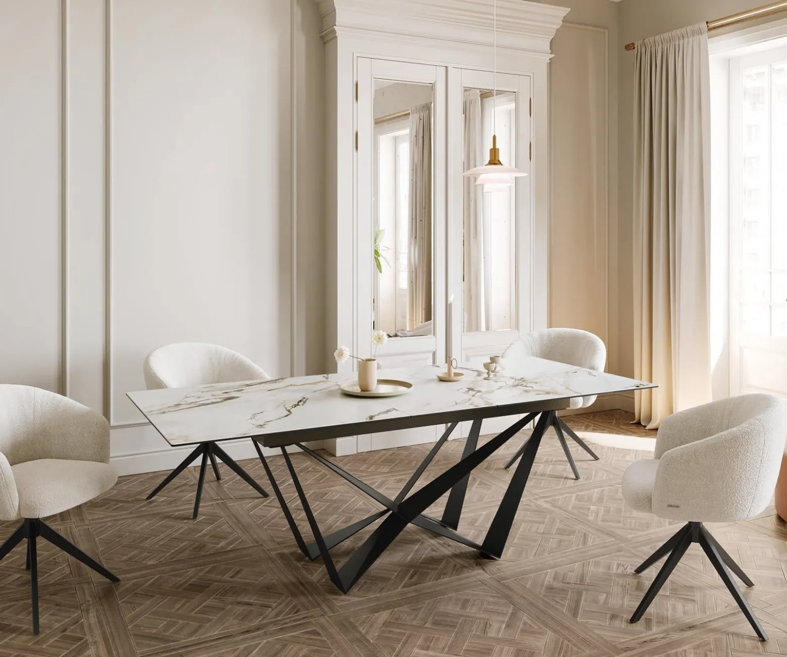 EsstischEdge 180-220x100 Keramik Calacatta Luxe Weiß-Gold-Grau Spider Flachstahl Schwarz ausziehbar Sofort versandfertig