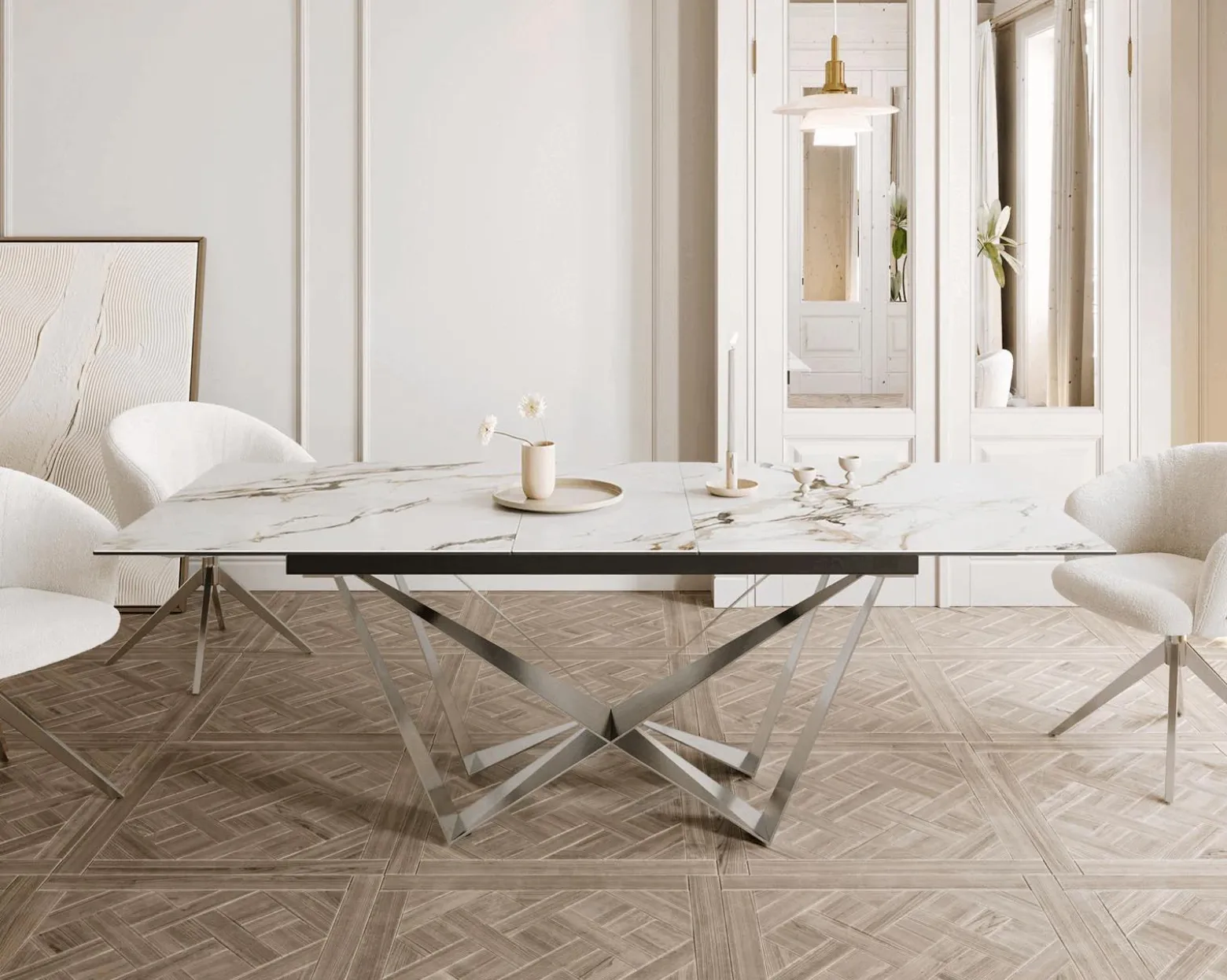 EsstischEdge 180-220x100 Keramik Calacatta Luxe Weiß-Gold-Grau Spider Flachstahl Edelstahl ausziehbar Sofort versandfertig
