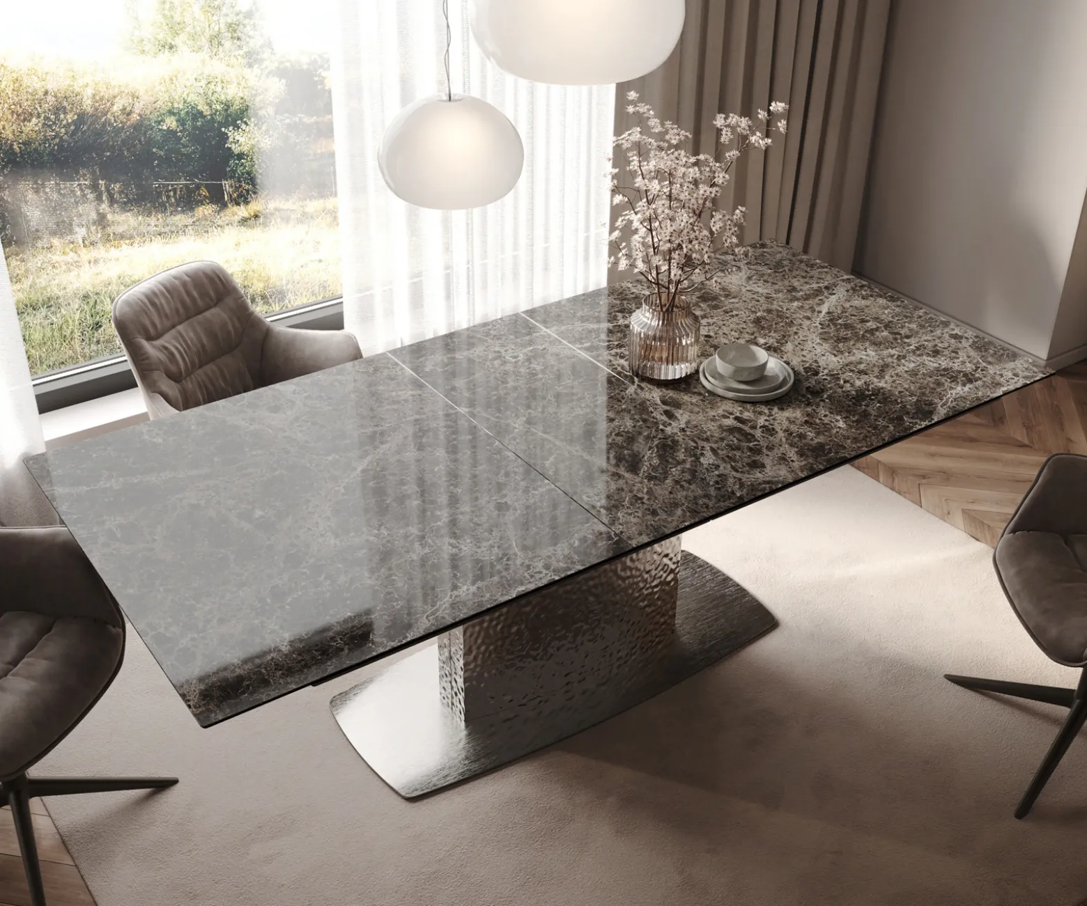 EsstischEdge 180-220x100 Keramik Emperador Extra Lucidato Dunkelbraun Wave Edelstahl ausziehbar Sofort versandfertig