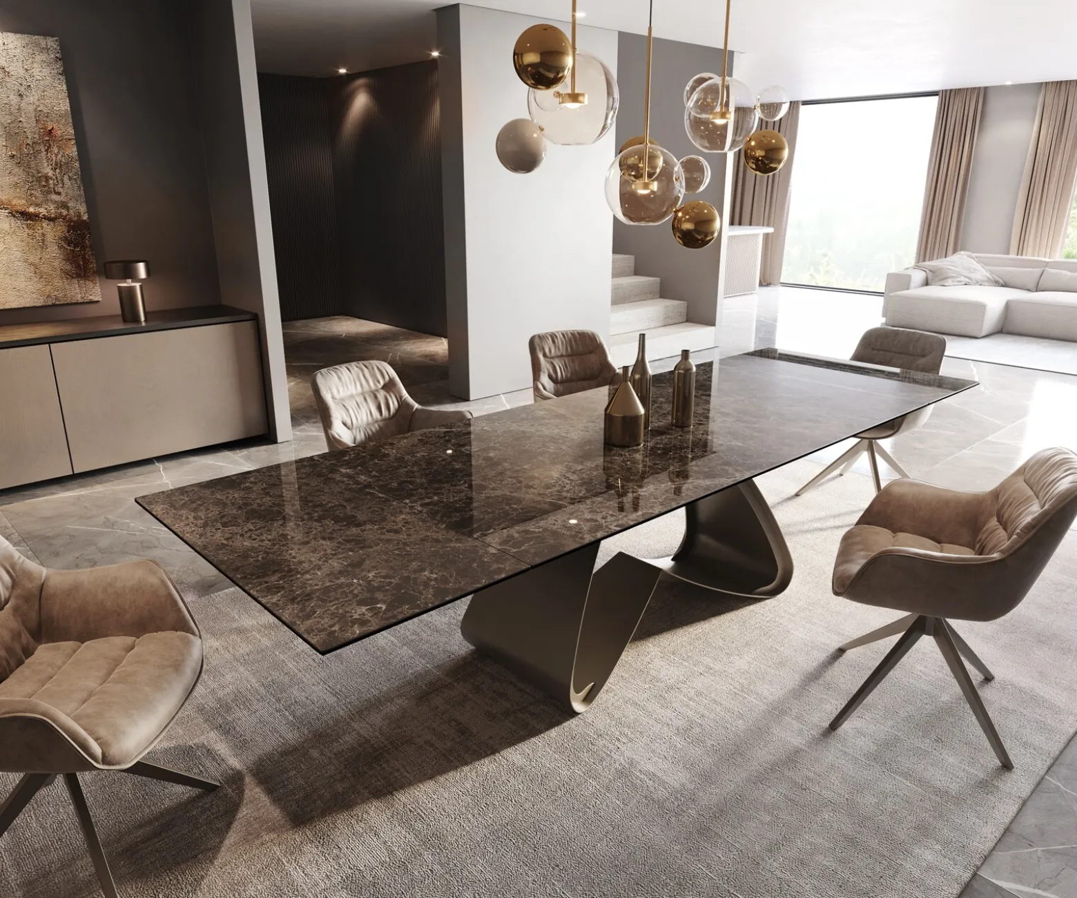 EsstischEdge 200-300x100 Keramik Emperador Extra Lucidato Dunkelbraun W-Gestell Effektfinish Titan ausziehbar Sofort versandfertig