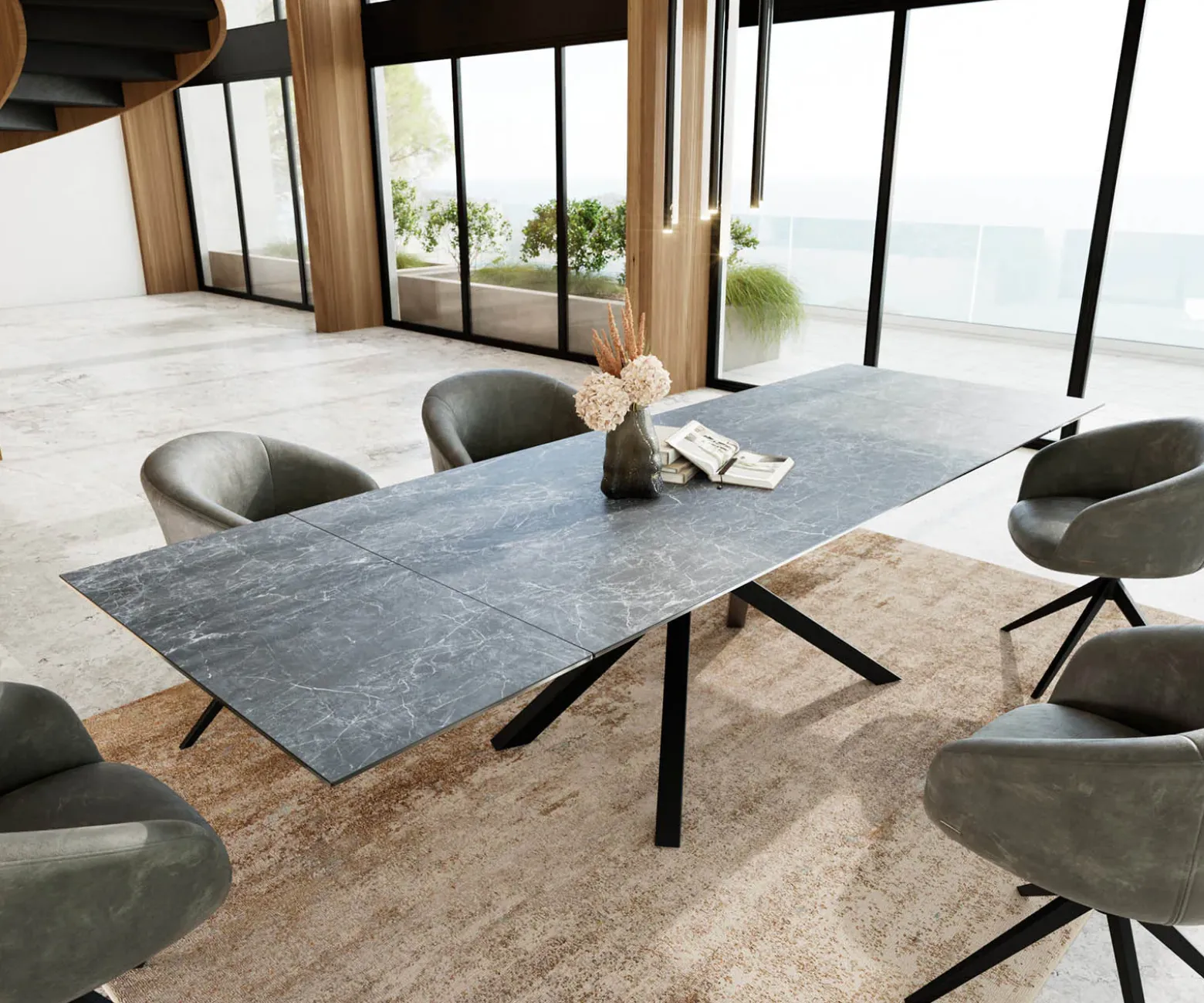 EsstischEdge 200-300x100 Keramik Laminam®Nero Greco Anthrazit Kreuzgestell Rechteck Schwarz ausziehbar Sofort versandfertig